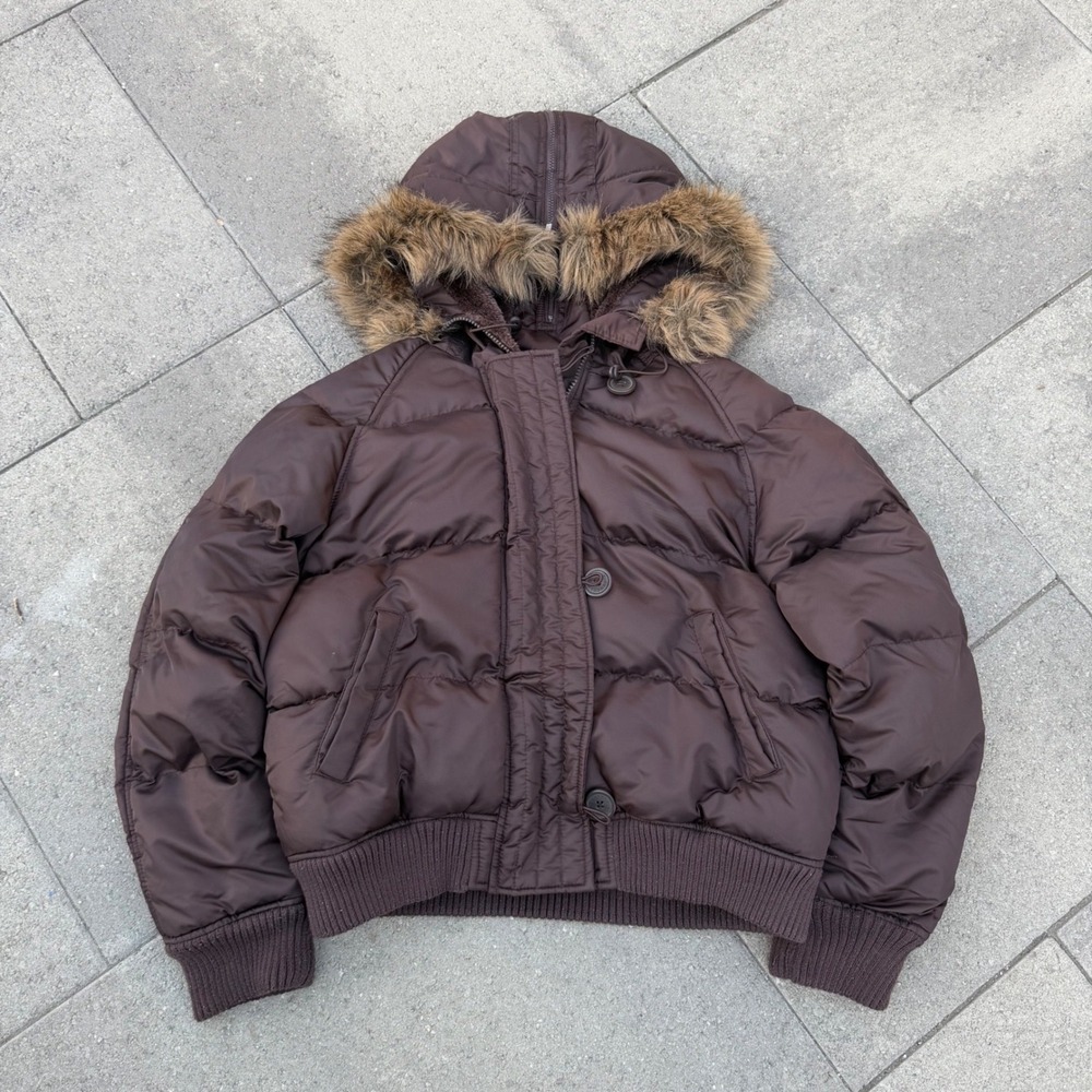 Mikk Couture Brown Puffer Jacket Faux Fur Hood Quilted Bomber Coat Womens Large